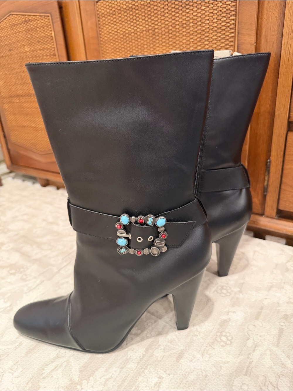 Vintage Newport News Leather Beaded Turquoise Buckle Mid Calf Boots Y2K Boho